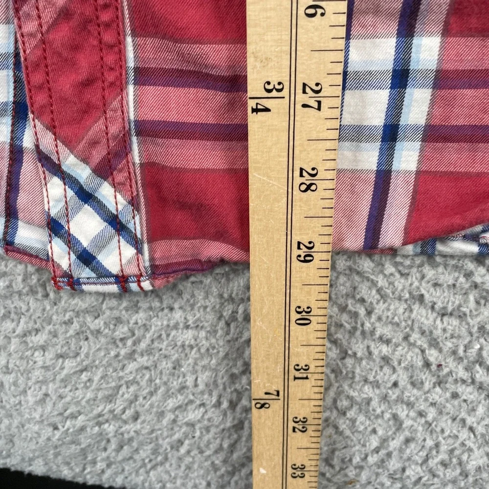 True Religion Shirt Mens Large Red Plaid Western Snap Button Horseshoe Pockets